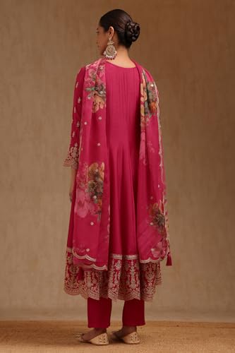 Soch Womens Fuchsia Dola Silk Embroidered Suit Set With Thread Work