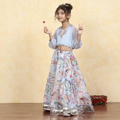 Biba Girls Blue Georgette Dyed Relaxed Lehenga Set_8-9Y