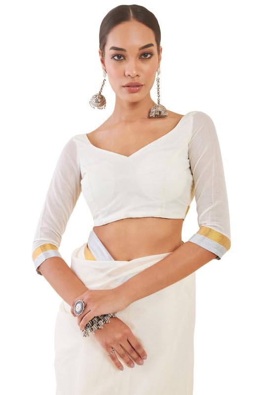 Soch Women Off White Cotton Kasavu Saree With Golden And Silver Zari Borders, Off-White