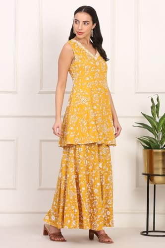 W for Woman Floral Printed Embroidered Neck Flared Kurta, Sharara and Dupatta Set (Size: S)-WS12733-125817