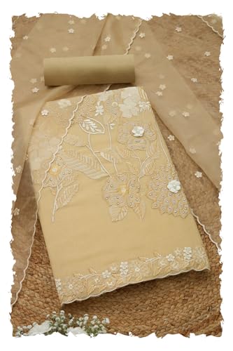 Soch Womens Beige Tissue Shimmer Embroidered Unstitched Dress Material With Thread Work