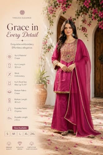 Women's Crepe Embroidered Kurta Set With Dupatta And Palazzo