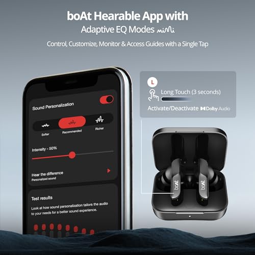 boAt Airdopes 800, Dolby Audio, Adaptive EQ by Mimi, 4Mics AI ENx, App Support, Fast Charge, Low Latency, IPX5, v5.3 Bluetooth TWS in Ear Earbuds Wireless Earphones with mic (Interstellar Black)