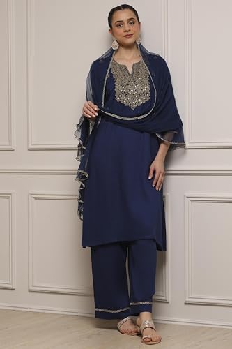 Biba Women Blue Viscose Rayon Straight Solid Suit Set_42