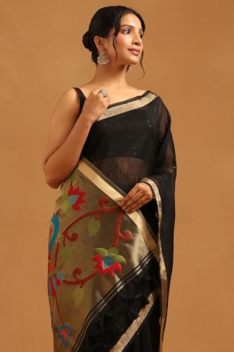 Soch Womens Black Tissue Woven Design Saree With Sequin