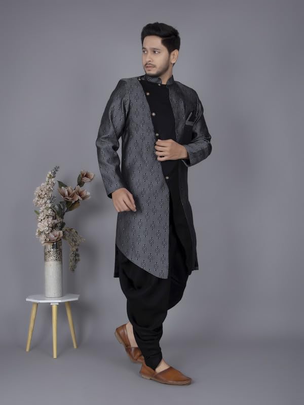 XEPON Mens Black Ethnic Wear Indo Western & Dhoti Set((Black, L Size)
