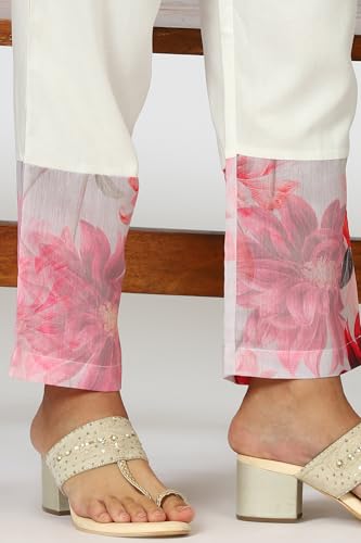 W for Woman White Digital Floral Printed Sleeveless Flared Kurta, Pants and Dupatta Set (Size: L)-24AUWS12583-123704