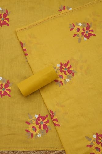 Soch Womens Yellow Jam Cotton Floral Print Unstitch Dress Material With Thread Work