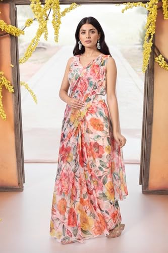 W for Woman Pink Floral Printed Pre-Draped Georgette Saree with Blouse - (WS13895-127624-S)