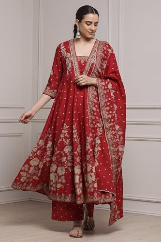 Biba Women Red Cotton Anarkali Printed Suit Set_36