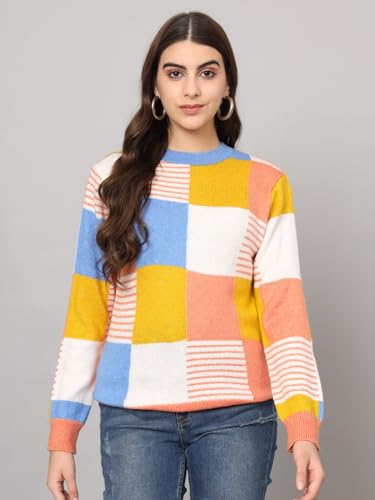 THE DRY STATE Womens Full Sleeves Round Neck Acrylic Colourblock Pullover Sweater