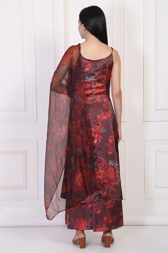 W for Woman Maroon Floral Print Sequined A-line Satin Kurta with Flared Pant and Dupatta Set (WS13212-126213-M)