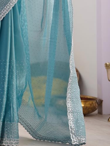SAREE MALL Women's Turquoise Organza Embellished Saree With Unstitched Blouse (KESARI12601_KR)