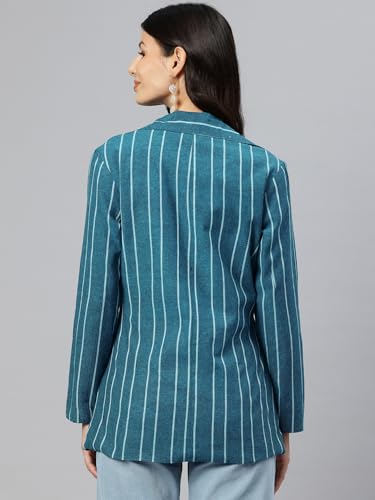 Cottinfab Women Blue & White Striped Single-Breasted Pure Cotton Blazer