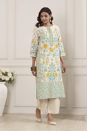 Biba Women Off White Cotton Straight Kurta_32