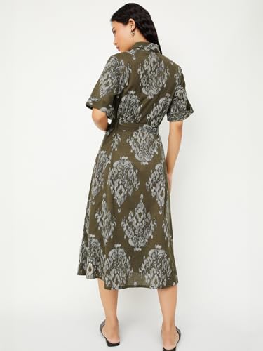 Max Women's Cotton A-Line Below The Knee Dress (EC58005_Olive