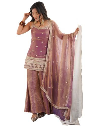 Leeli Peeri Designer Women's Fendy Silk Embroiderd Kurti Bell Bottom Pant And Dupatta Set.