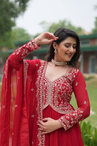 Designer Red Anarkali Gown, Embroidered Georgette Floor Length Dress with Dupatta, Traditional Indian (in, Alpha, M, Regular)
