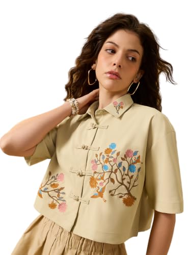 The Souled Store Ochiru Women and Girls Short Sleeve Collared Neck Beige Embroidered Polyester Oversized Lightweight Everyday Shirt Cropped Shirt