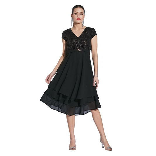 Latin Quarters Women Black V-Neck Cap Sleeve Solid Dress_L