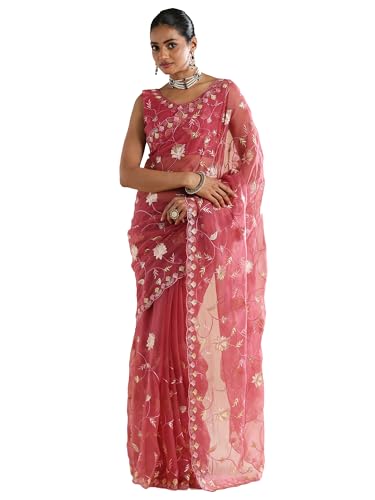 AKHILAM Women's Pink Poly Chiffon Embroidered Embroidered Saree With Unstitched Blouse Piece (ANIKA4204_AG)
