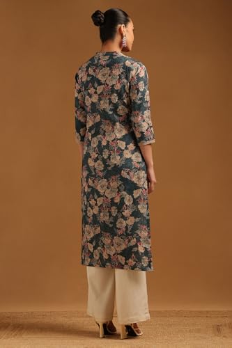 Soch Womens Grey Linen Floral Kurta