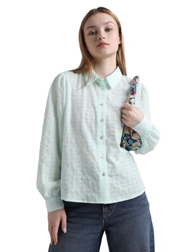 ONLY Women Self Design Polyester Regular Fit Green Shirt