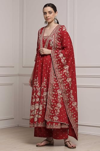 Biba Women Red Cotton Anarkali Printed Suit Set_38