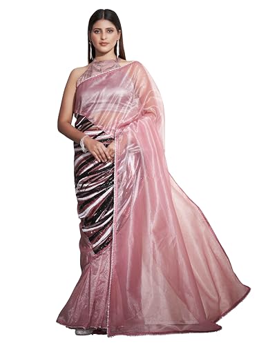 Womanista Women's Net Sequinned Saree (TI6493_Pink)