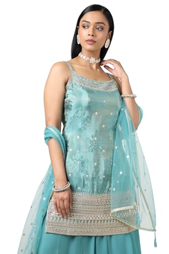 Soch Women Turquoise Blue Tissue Embroidered Suit Set with Sequins