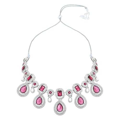 I Jewels Silver Traditional Kundan & Stone Choker Necklace Jewellery With Earrings & Maang Tikka Set for Women/Girls (Silver wine)