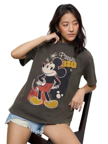 The Souled Store Mickey Mouse: Dream Big Women and Girls Short Sleeves Round Neck Olive Graphic Printed Cotton Oversized Vintage Wash Streetwear Comfortable T-Shirts