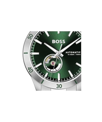 BOSS Troper Men's Automatic Mechanical Watch, Stainless Steel, 10ATM/100m Water Resistant - Stylish, Durable Timepiece - Self-Winding - Gift for Him, 43mm, Silver-Green, bracelet