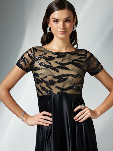 Miss Chase Women's Boat-Neck Short-Sleeve Abstract Fit & Flare Satin Maxi Dress (MCAW25D86-23-62-04, Black, M)