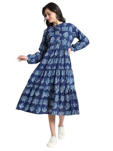 Divena Blue Floral Print Cotton Fabric Flared Dress
