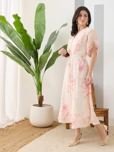 Latin Quarters Women Peach Printed Half Sleeves Casual Dress_XL