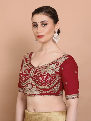 S SALWAR STUDIO Red Silk Sweetheart Neck Embroidered Readymade Alterable Padded Saree Blouse