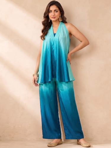 Varanga Women Blue A Line Kurta Palazzos Set Sleeveless Screen Print