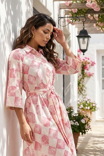 W for Woman Off-White Floral Printed Cotton Flax Flared Shirt Dress with Belt - (W13748-127069-S)