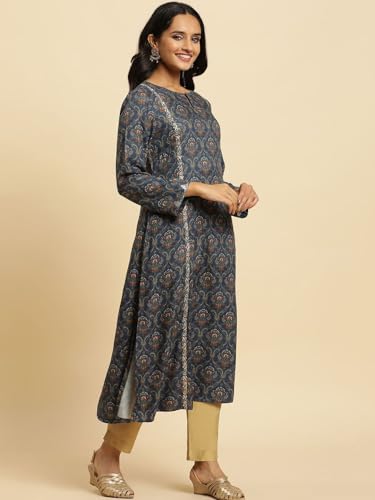 W for Woman Black Paisley Printed Kurta with Kasab Embroidery (Size: 3XL)-24NOW10355-122961