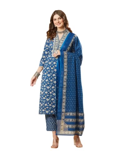 Divena Blue Floral Cotton Kurta Sets With Dupatta
