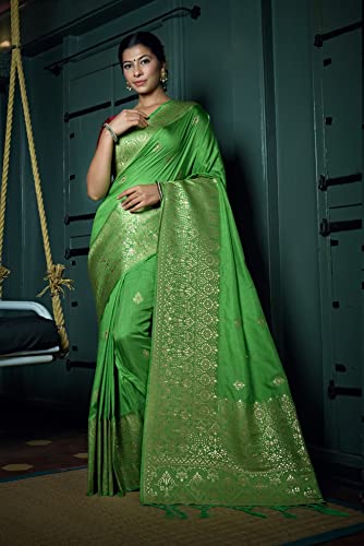 Vardha Women's Banarasi Raw Silk Saree With Blouse Piece (Kashika Silk_440_Green)