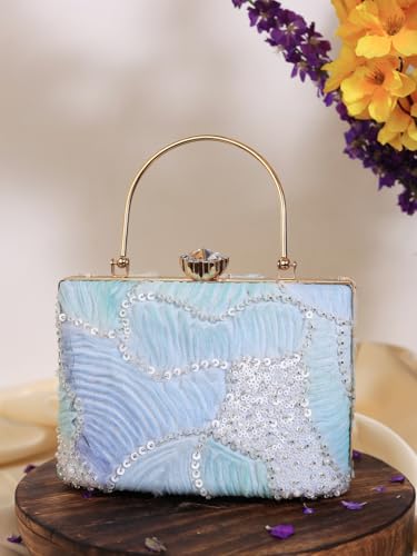 THE TAN CLAN Women's Blue Sequin Beaded Box Clutch Purse | Bridal Wedding Party Evening Handbag | Stylish Ethnic Crossbody Bag with Gold Chain Strap and Metal Handle for Women