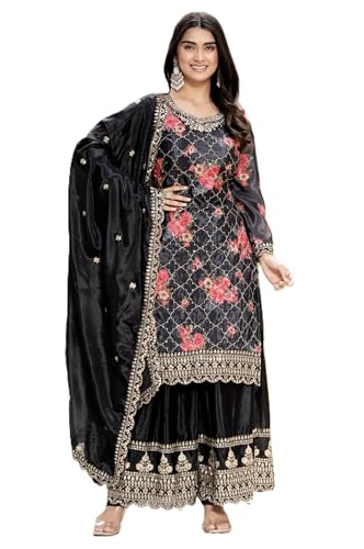 Leeli Peeri Designer Women's chinon Embroidery Kurta Palazzo and Dupatta Set