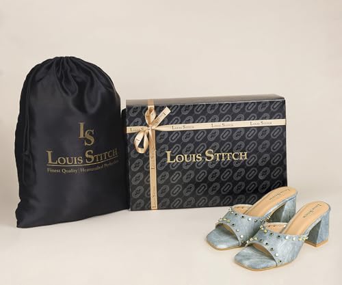 LOUIS STITCH Women’s Fashion Slip-On Block Heel Sandals | Open Toe Blue Stylish Mules Heel Sandal for Ladies, Fashionable and Comfortable Sandal (LSOF-LDBH-MUBU) (UK-8)