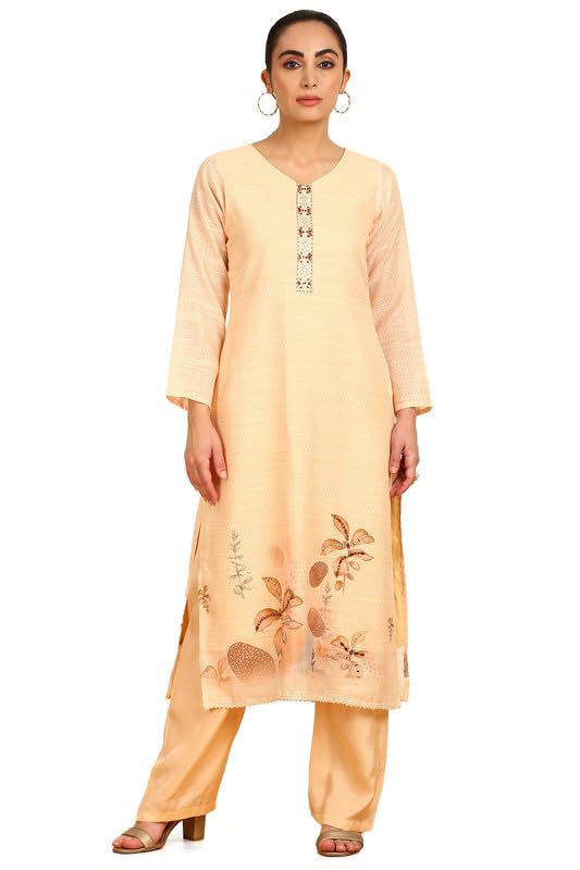 Soch Womens Light Yellow Abstract Print Linen Unstitched Dress Material With Mirrors