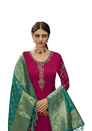 VUBA Satin Suit For Women's Embroidered Semi Stitched Top With Unstitched Santoon Bottom and Pure Woven Banarasi Dupatta Straight Kurta Dress Material