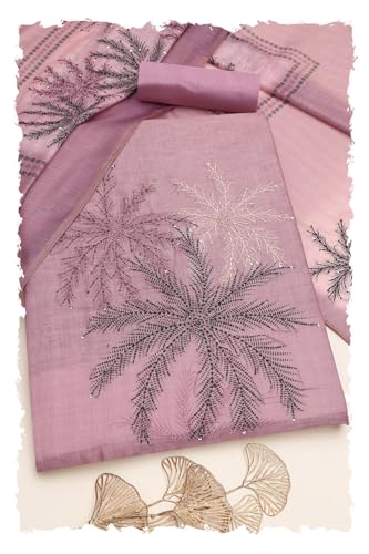 Soch Womens Blush Pink Linen Shimmer Botanical Dress Material With Kantha Embroidery and Cutdana Details