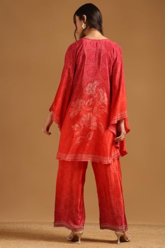 Soch Womens Red Crepe Botanical Printed Kaftan Suit With Sequins