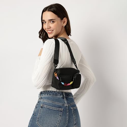Fastrack Statement Chain Sling Bag for Women | Black Nylon Crossbody with Zipper Closure, Front Utility Pockets and Adjustable Strap | Lightweight Urban Sling for College & Travel